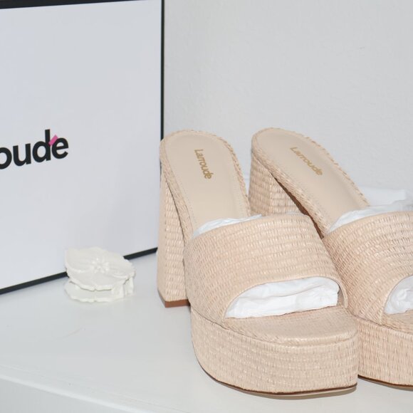 Larroudé Dolly Heeled Mules Made in Brazil Neutral Woven Open Toe Neutral US 10 - Picture 10 of 10